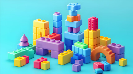 Naklejka premium Colorful Building Brick Toys in 3D Isometric View 