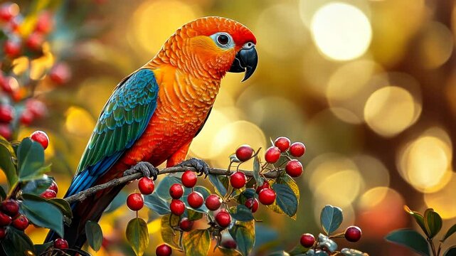 Vibrant parrot perched on branch with berries