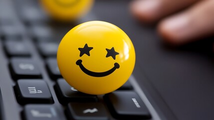 Customer satisfaction survey concept, Professionalman using computer laptop select smiley face icon with yellow five stars to evaluate product and service.