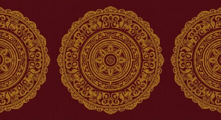 Golden Mandala Motif: A repeating pattern of intricate, golden mandala designs set against a rich, deep red background. This image evokes a sense of elegance, spirituality, and artistic detail. 