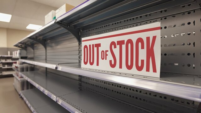 This wide shot captures an empty product shelf marked with an "Out of Stock" sign, highlighting supply challenges in retail spaces.