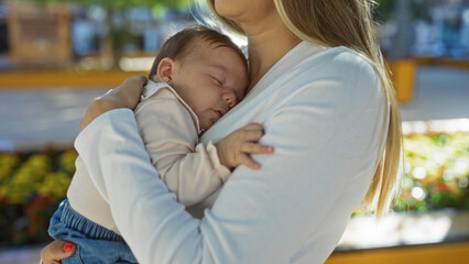 Fototapeta premium Woman holding sleeping baby outdoors in sunny park, expressing maternal love and care with serene environment enhancing peaceful family bonding moment in vibrant city setting.