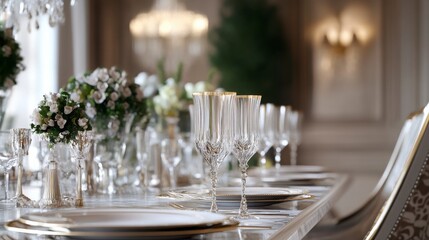 Fototapeta premium Elegant Crystal Glassware On Luxurious White Table Setting