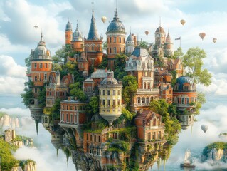 Fototapeta premium City towers, roofs, and trees on elevated land, floating above clouds