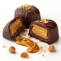A confectionery masterpiece in the frame: golden sprinkles, peanut cream and velvety chocolate for advertising premium desserts.
