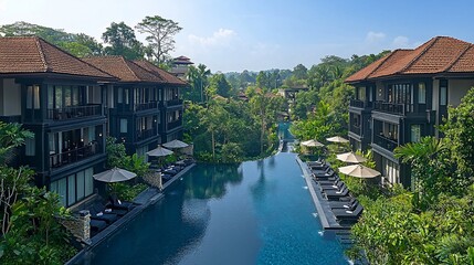 Obraz premium Luxurious resort nestled in a lush valley. Tranquil infinity pool amidst tropical greenery