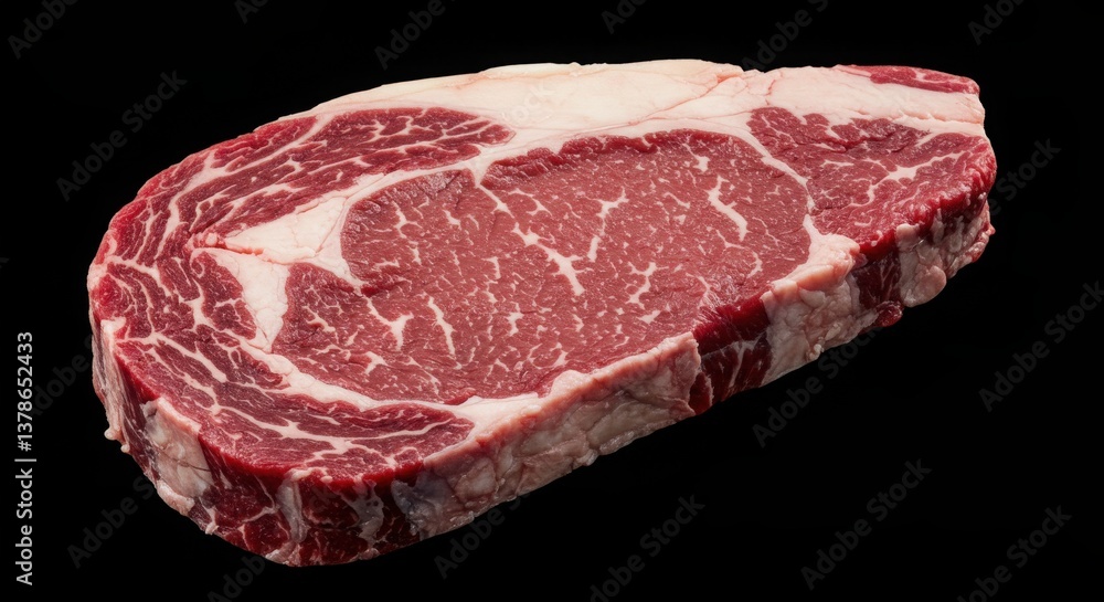 Poster a raw ribeye steak with marbling on a black background showing texture and color variation clearly