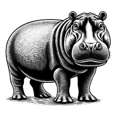 Fototapeta premium Hippopotamus sketch engraving black and white outline. Scratch board imitation. 