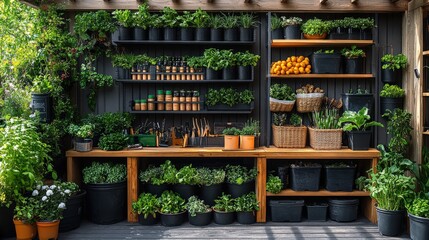 Lush indoor garden showcasing vibrant herbs and plants arranged on shelves and tables