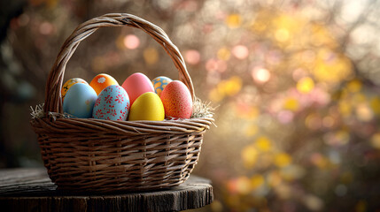 Easter still life with a basket of colorful eggs