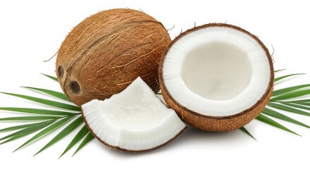 A still life of whole and halved coconuts with a piece and palm leaf on a white background