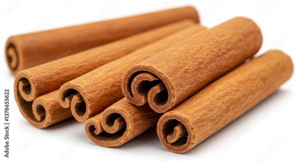 Poster a close up view of several cinnamon sticks stacked on top of each other on a white background