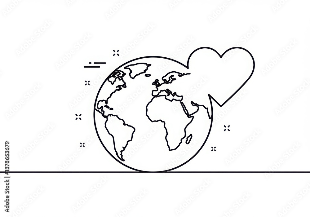 Poster outline drawing of earth globe with continents and a heart shape attached to the side of it