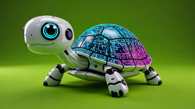 Cute Robotic Turtle with Neon Shell on Green Background