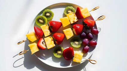 Fruit Skewers of Strawberries, Pineapple, Kiwi, and Grapes on White Plate