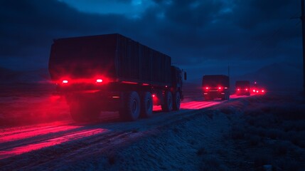 Obraz premium A night-time military transport mission, with trucks moving under infrared lights,