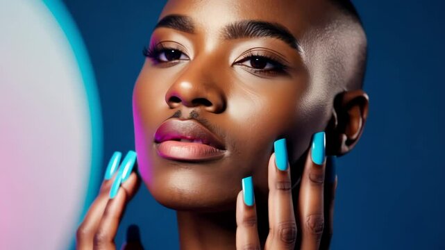 African American non-binary model posing for photographs. confidence, personality, slow motion, eyeliner, trendy, skin, pride, diversity, african american, contemporary, studio shot, fashion model