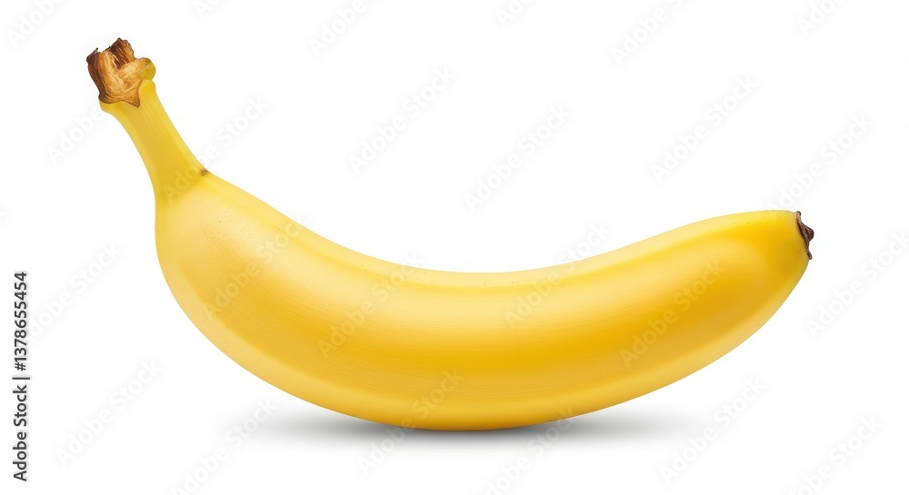 Poster a single ripe yellow banana lying horizontally on a plain white surface in a studio setting shot clo