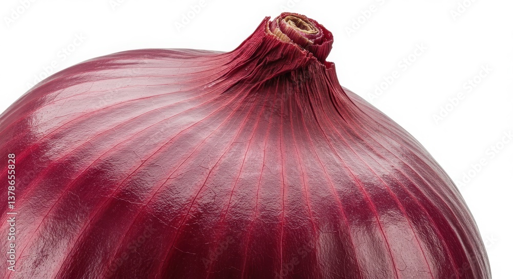 Poster close up view of a red onion showing its layers and texture against a white background space