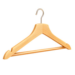 A single light wooden clothes hanger with a metal hook on black background