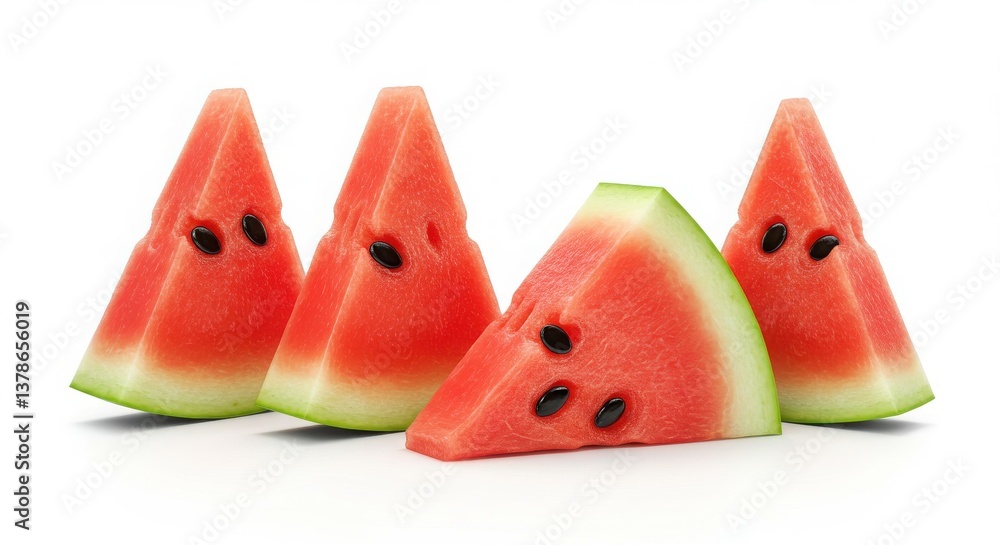 Poster Four watermelon slices with seeds arranged on a white surface in a studio setting close up view