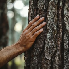 A Man's Hand Gently Touching a Tree Trunk in a Forest