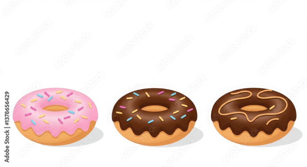 Poster three donuts with different toppings on a white background in a horizontal arrangement