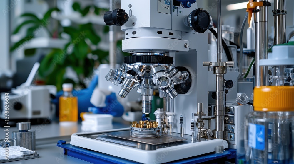 Poster A lab bench with a microscope on it