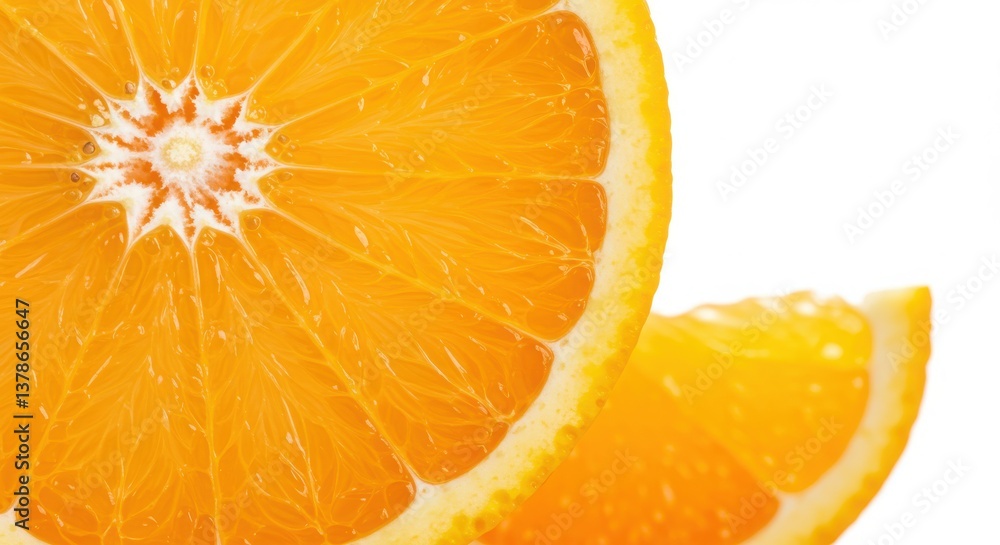Poster close up of sliced oranges showing the pulp and rind on a white background in bright light