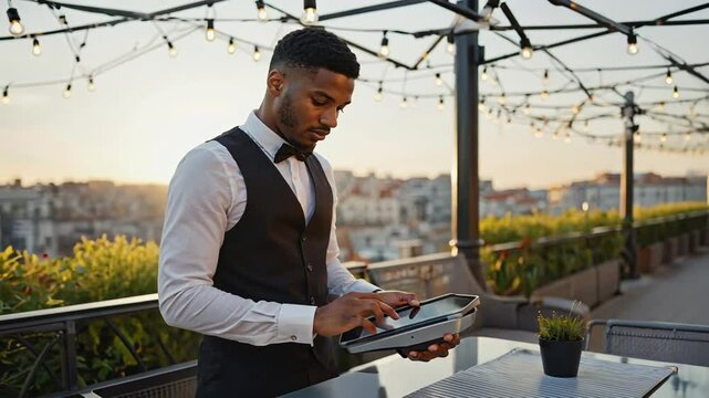 Waiter charging with a dataphone in a restaurant.