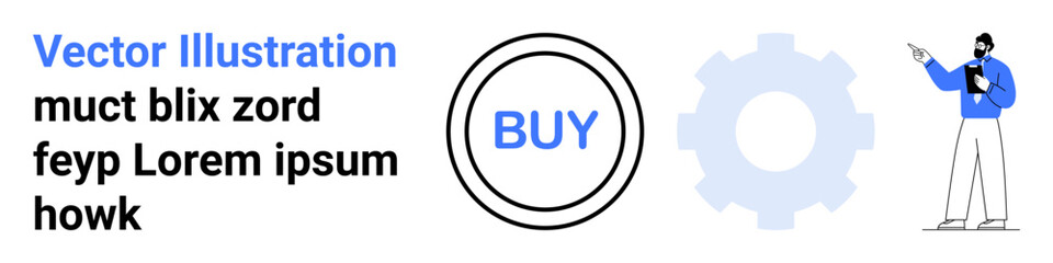 Gear, circular buy button, man in blue shirt presenting data. Ideal for business strategy, e-commerce, marketing, decision-making, leadership, technology simple landing page