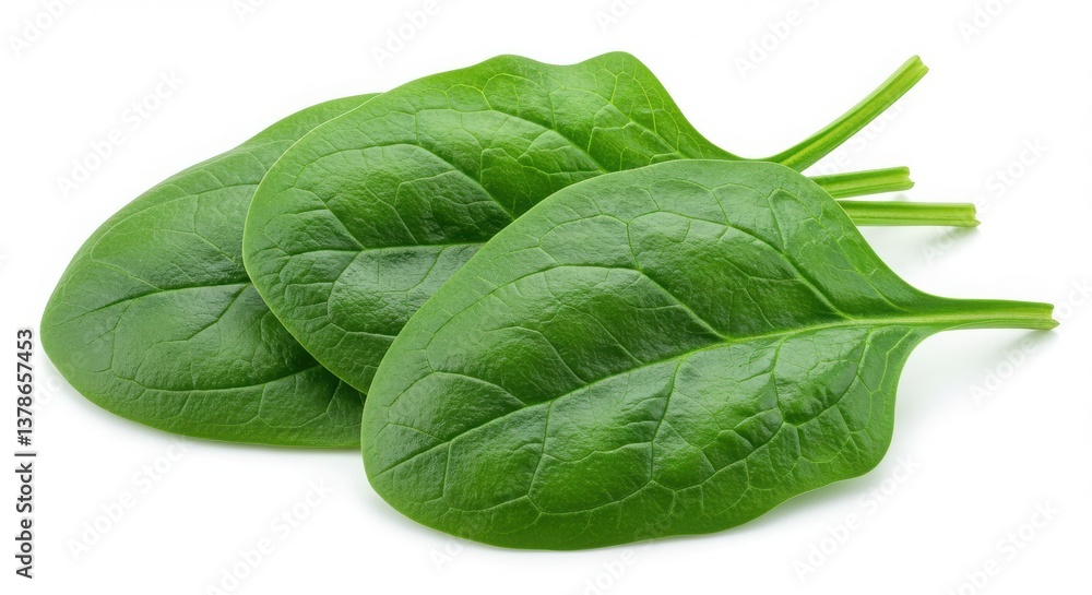 Poster three fresh spinach leaves stacked on top of each other on a plain white background surface view