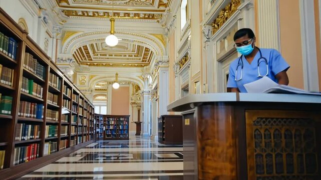 Library in a hospital. Nurses in the library.