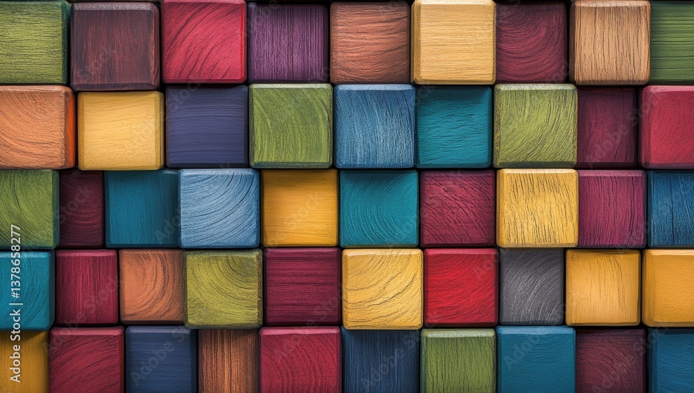 Poster colorful wooden blocks arranged in a grid pattern. close-up view showcasing various shades of vibran