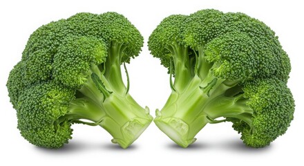 Two broccoli florets cut in half and placed side by side on a white background in a studio shot