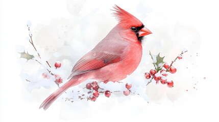 Vibrant Red Cardinal in a Soft Winter Watercolor Composition