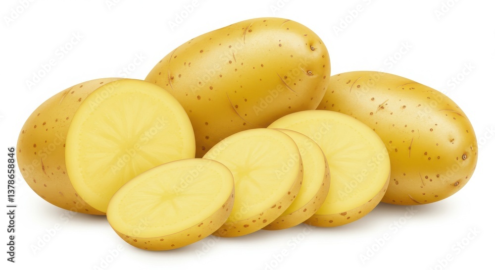 Poster a group of potatoes with some sliced and whole on a white background in a studio setting light