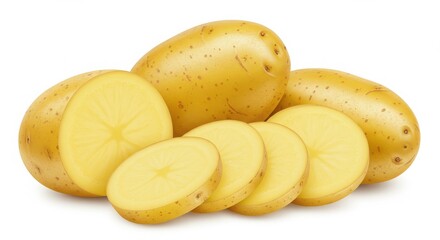 A close up view of whole and sliced yukon gold potatoes on a white background for food photography