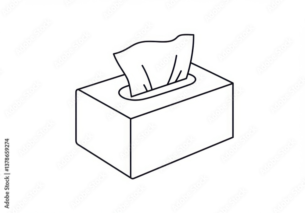 Poster a simple line drawing of a tissue box with tissues sticking out on a white background area view