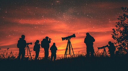 Stargazing group at night, observing cosmos