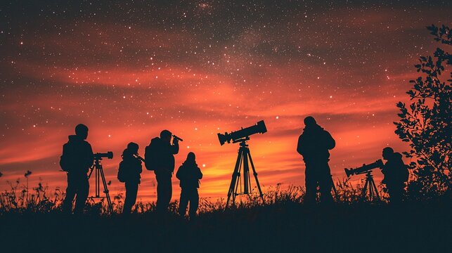 Stargazing group at night, observing cosmos