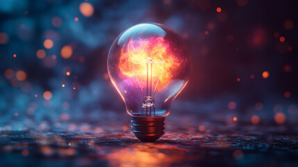 A surreal floating lightbulb filled with a swirling cosmos and nebulae, emanating rainbow light waves and creative energy, symbolizing innovation, imagination, and limitless potential