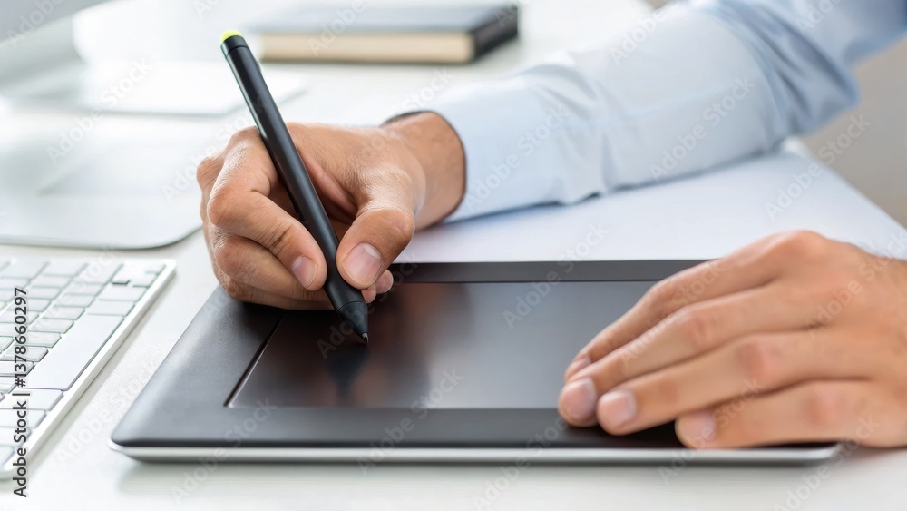 Poster digital literacy enhances education and skills concept. a person using a stylus on a digital tablet 