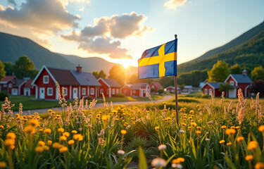 Cozy Swedish Summer Village with Waving Swedish Flag, poster for National Day of Sweden