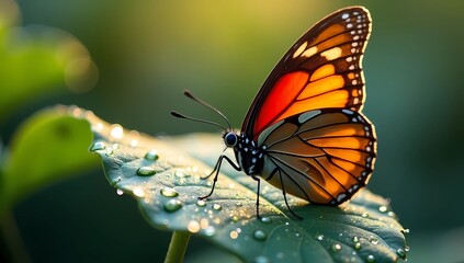 Obraz premium Orange-black butterfly rests on a dewy leaf against a golden glow 