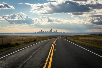 A long road stretching towards a distant city skyline under a dramatic sky, a journey of hope and dreams under a vast expanse of clouds.
