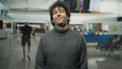 Young man smiling indoors at airport terminal with blurred background of travelers and check-in...