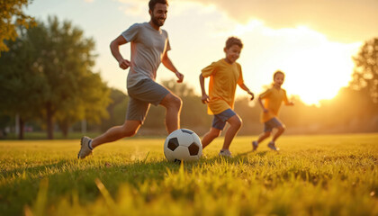 Happy family plays soccer together in park at sunset. Father, son, daughter spend leisure time outdoors. Active lifestyle, positive emotions. Sunny day with kids, family time. Focus on ball in
