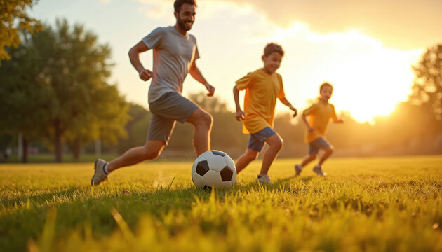 Happy family plays soccer together in park at sunset. Father, son, daughter spend leisure time outdoors. Active lifestyle, positive emotions. Sunny day with kids, family time. Focus on ball in