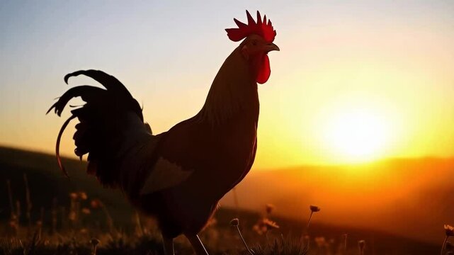 Early morning, new beginnings represented by a cockerel in the sunrise